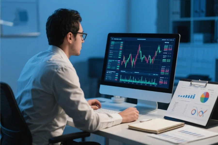 数据分析师正在电脑前认真观察走势图，身旁有笔记本和分析报告，体现专业的数据分析氛围