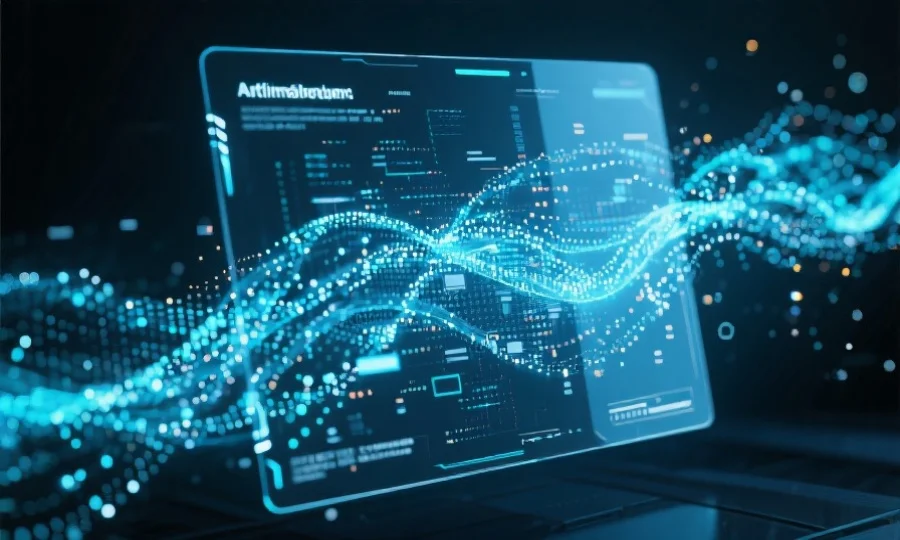 人工智能算法在透明屏幕上处理大量数据点，数据流动动态可见，呈现未来科技感